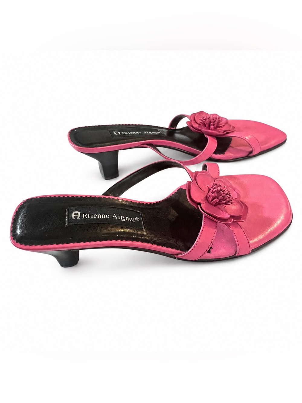 Pink Genuine Leather Kitten Heels With Flower Detail